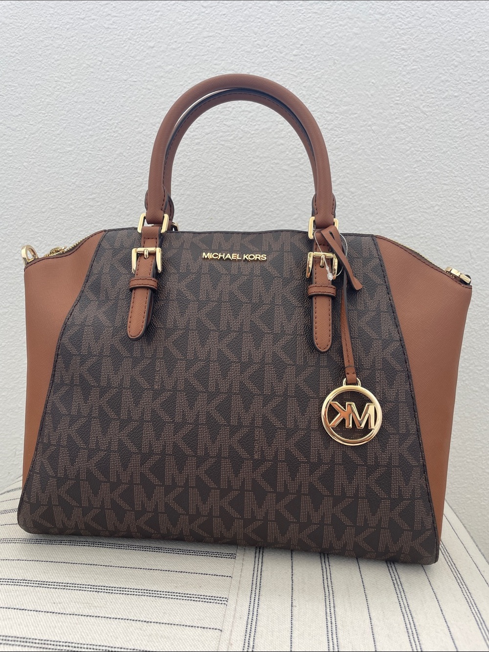 SALE! NWT Michael Kors Brown MK Monogram Satchel with Tan Trim